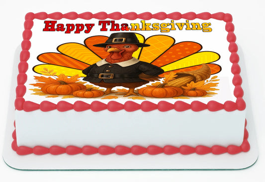 Custom Edible Cake Topper – Thanksgiving Gobble & Gather Design – 1/4 Sheet Cake (9x13) – Precut Icing Sheet – RA Pape