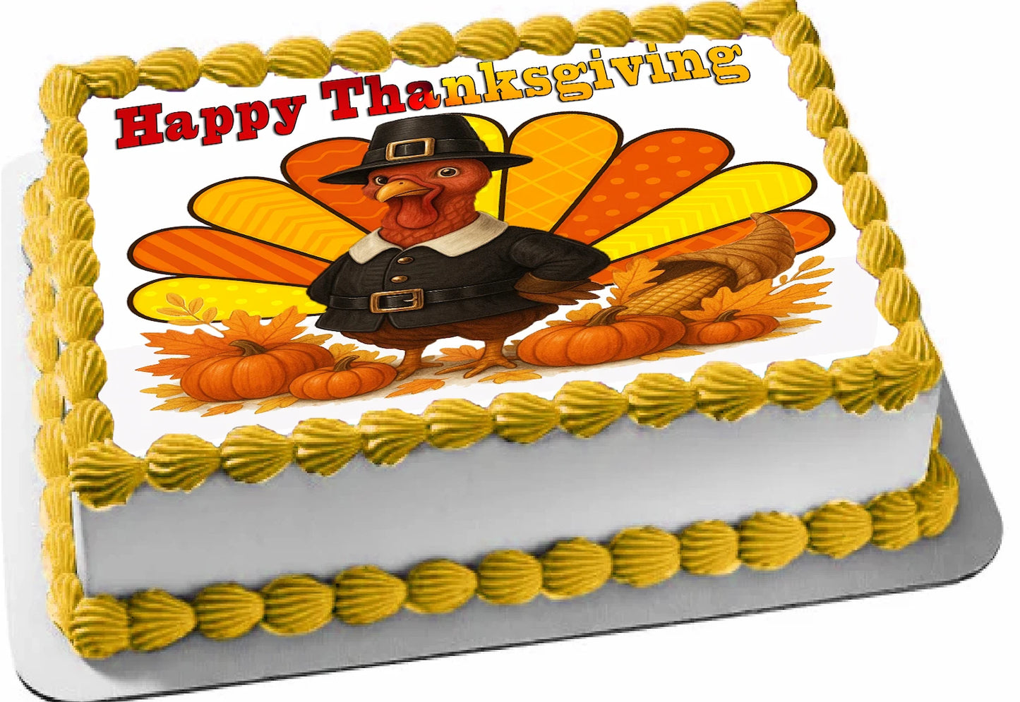 Thanksgiving-themed edible image sheet cake topper with a turkey and pumpkins.