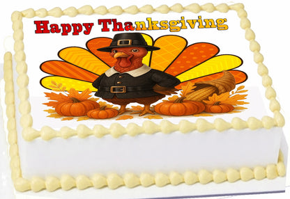 Happy Thanksgiving cake topper with a pilgrim turkey design.