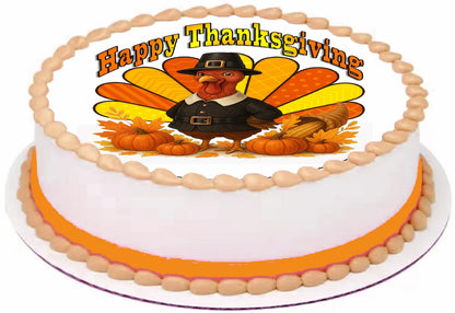 Thanksgiving-themed cake with pilgrim and turkey design on precut edible icing sheet