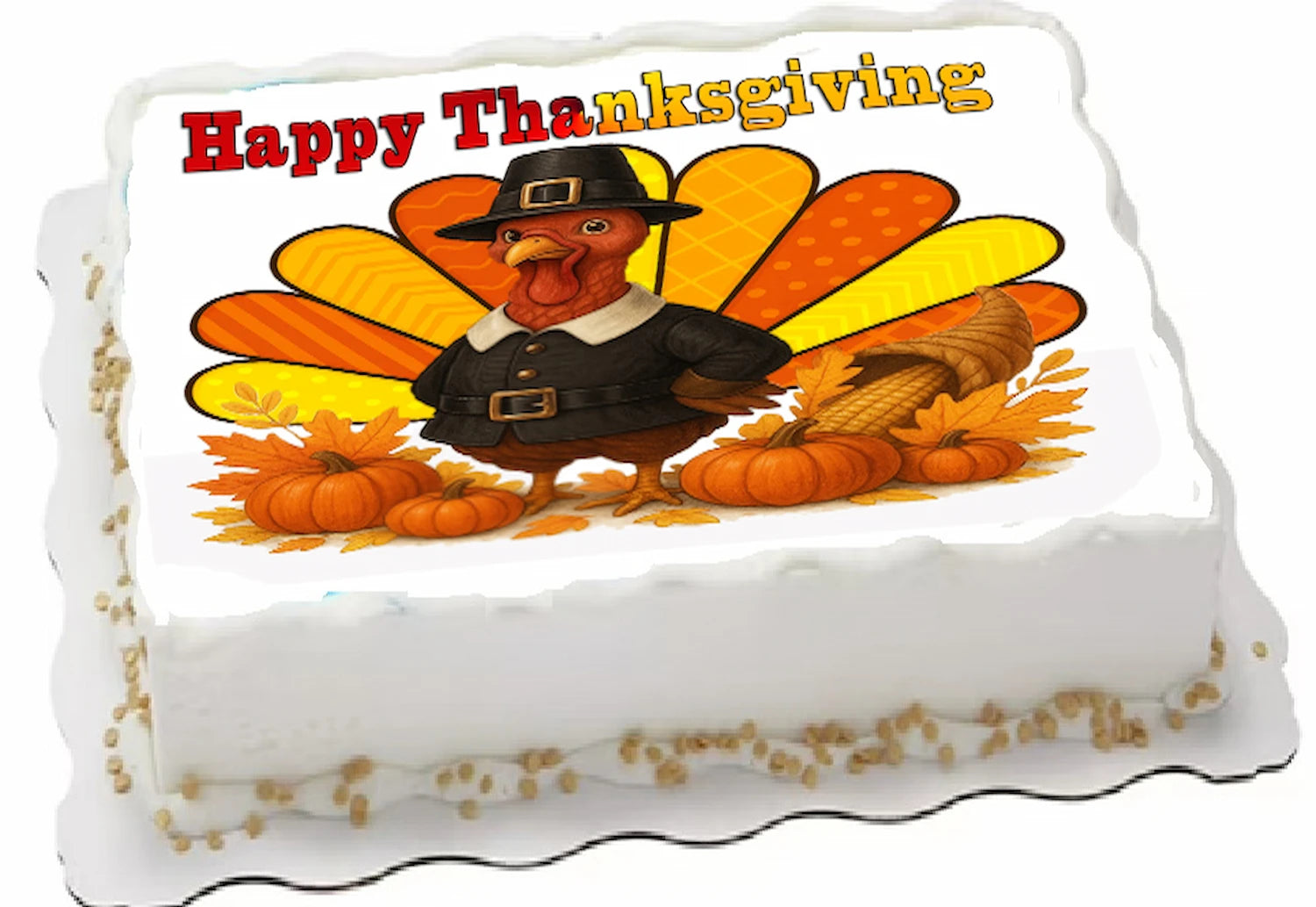 Thanksgiving-themed cake with a turkey decoration and 'Happy Thanksgiving' text.