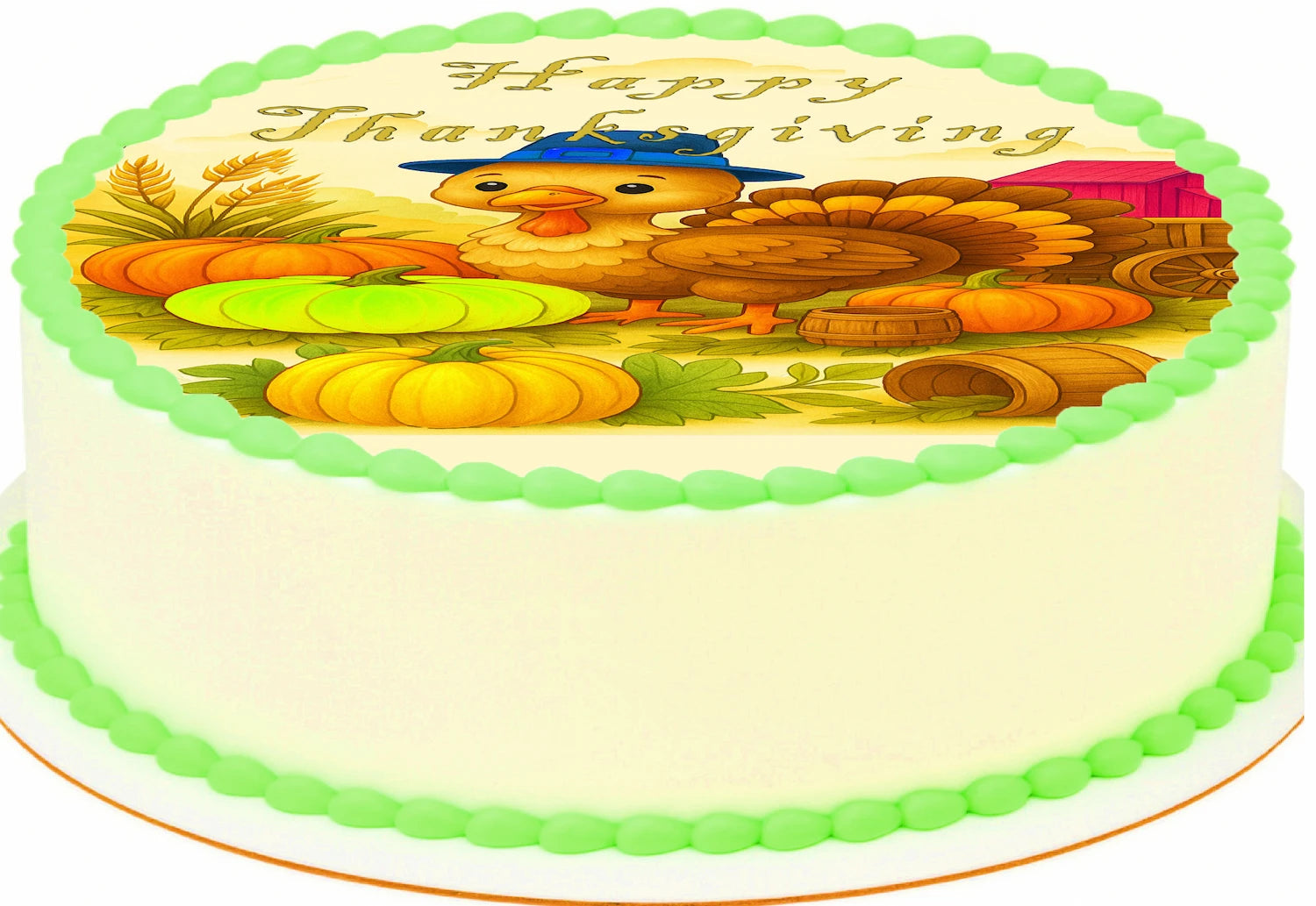 Cartoonish Thanksgiving turkey wearing a pilgram hat surounded by pumpkins outside a barn 'Happy Thanksiving' text edible image cake topper.