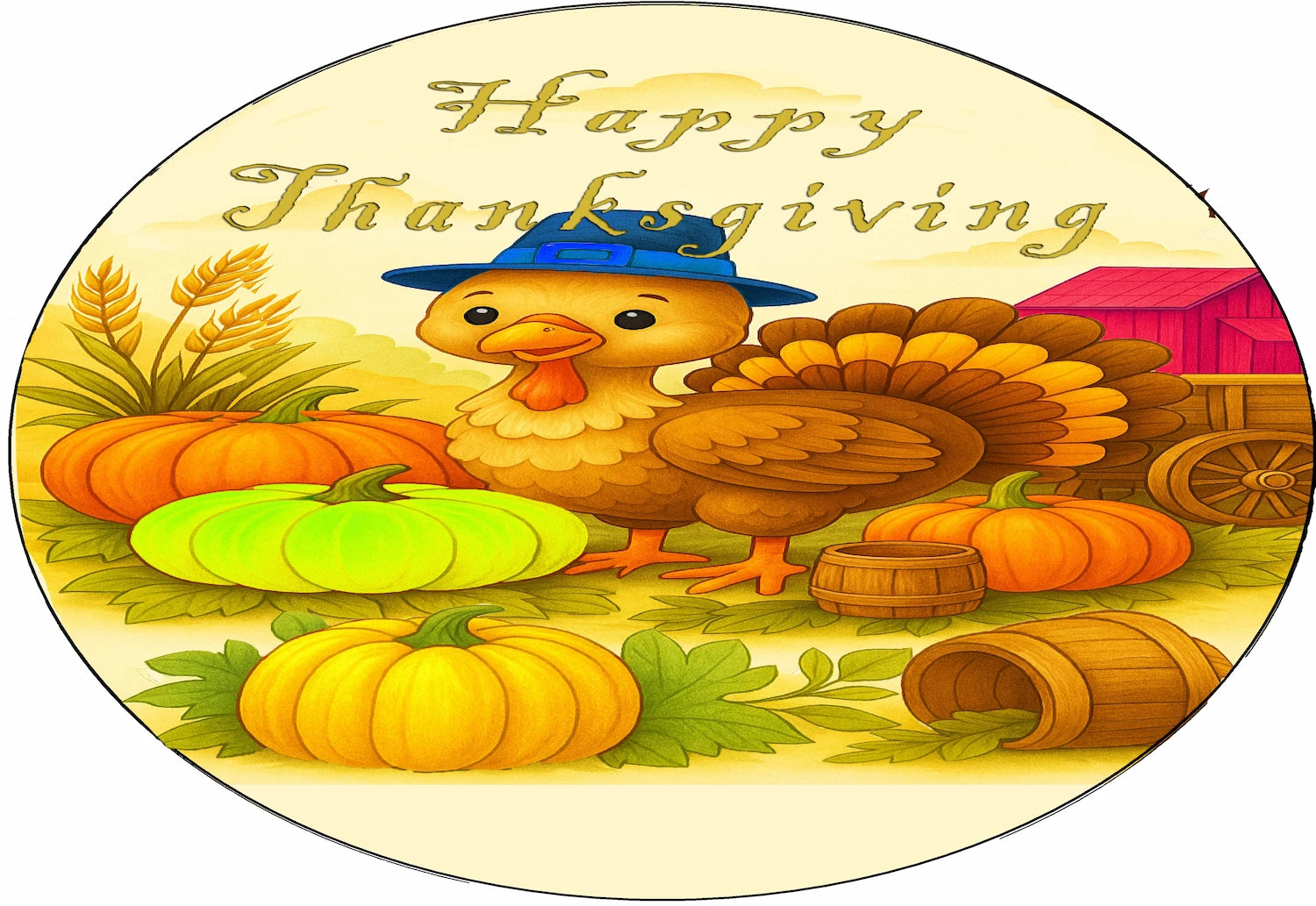 Turkey wearing a pilgram hat in a colorful pumpkin patch with 'Happy Thanksiving' text edible image sheet cake topper for  Thanksgiving