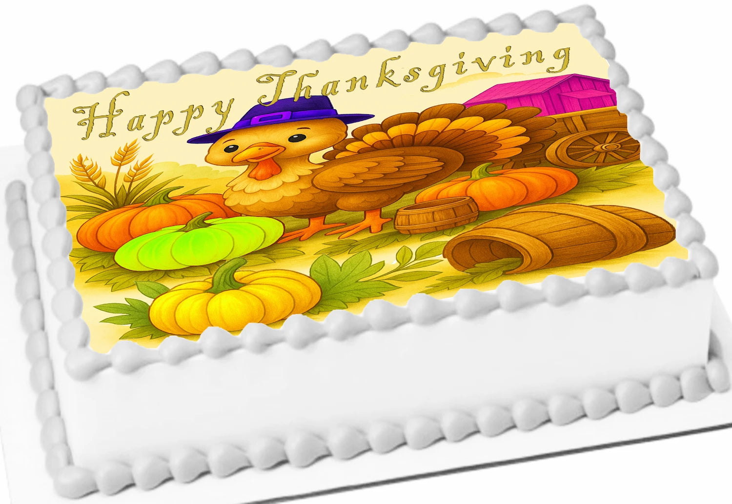 Thanksgiving turkey cartoon wearing a pilgram hat in a colorful pumpkin patch with 'Happy Thanksiving' text edible image sheet cake topper.