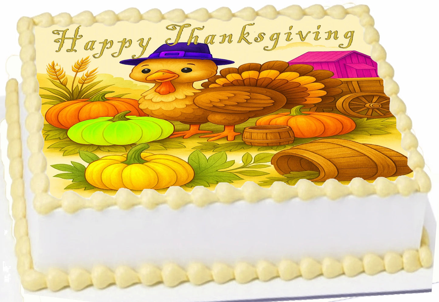 Custom Edible Cake Topper – Thanksgiving Harvest Barnyard Bash Design – 1/4 Sheet Cake (9x13) – Precut Icing Sheet – RA Pape