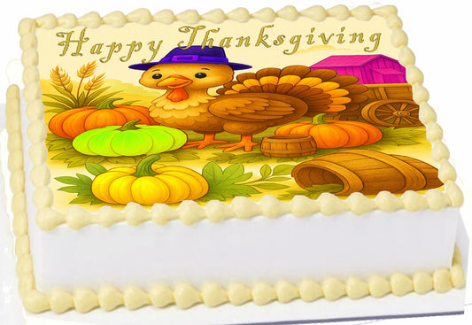 Custom Edible Cake Topper – Thanksgiving Harvest Barnyard Bash Design – 1/4 Sheet Cake (9x13) – Precut Icing Sheet – RA Pape