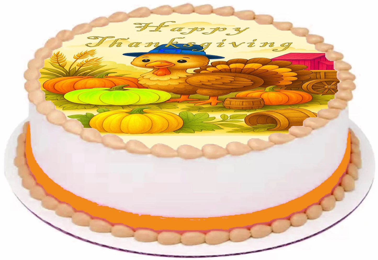 Custom Edible Cake Topper – Thanksgiving Harvest Barnyard Bash Design – Pre-cut 8" Round Icing Sheet – RA Pape