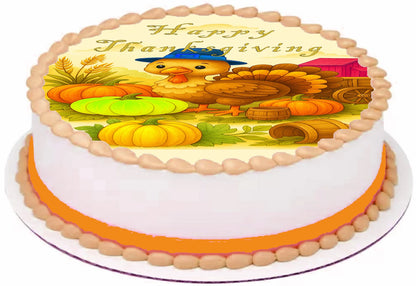 Custom Edible Cake Topper – Thanksgiving Harvest Barnyard Bash Design – Pre-cut 8" Round Icing Sheet – RA Pape