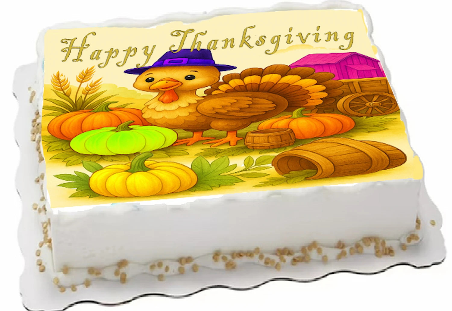 Thanksgiving Cartoon Turkey wearing a pilgram hat in a pumpkin patch with 'Happy Thanksiving' text, and barn in background edible image sheet cake topper.