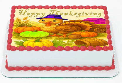 Cartoon Turkey wearing a pilgram hat in a colorful pumpkin patch with 'Happy Thanksiving' text edible image sheet cake topper.