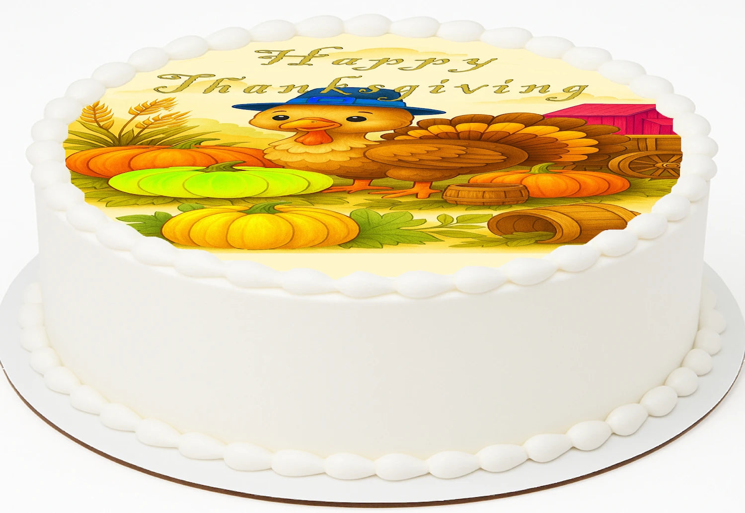 Thanksgiving turkey wearing a pilgram hat in a colorful pumpkin patch with 'Happy Thanksiving' text precut edible image cake topper.