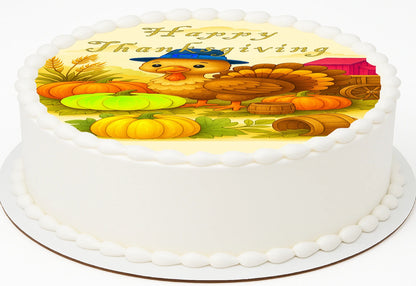 Thanksgiving turkey wearing a pilgram hat in a colorful pumpkin patch with 'Happy Thanksiving' text precut edible image cake topper.