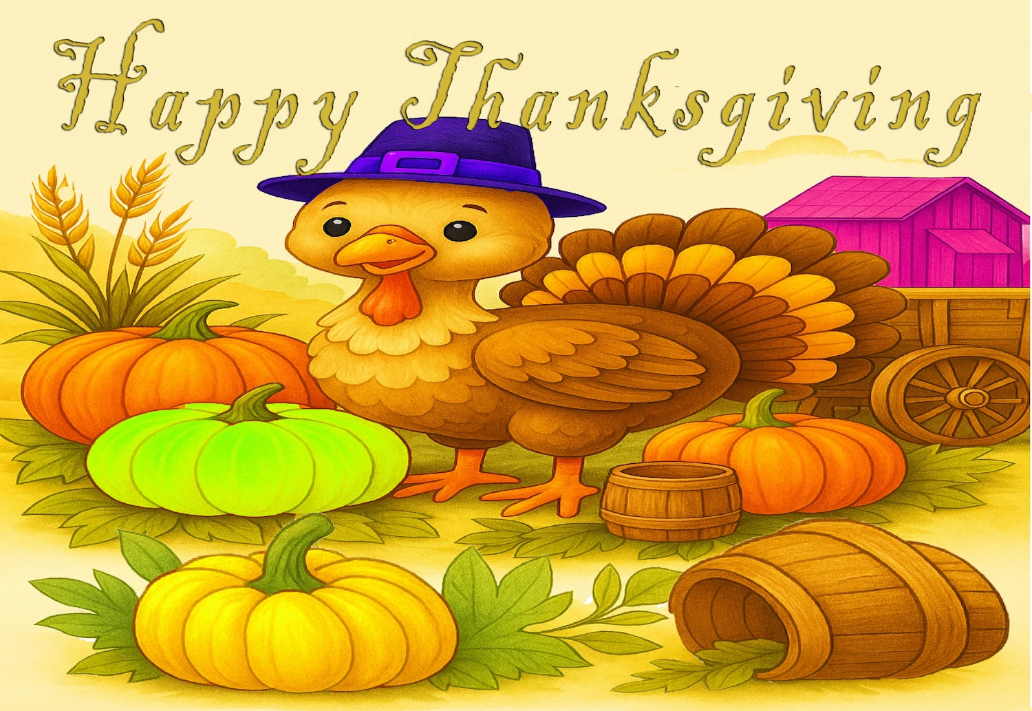 Cartoon turkey wearing a pilgram hat surounded by pumpkins with 'Happy Thanksiving' text edible image sheet cake topper.