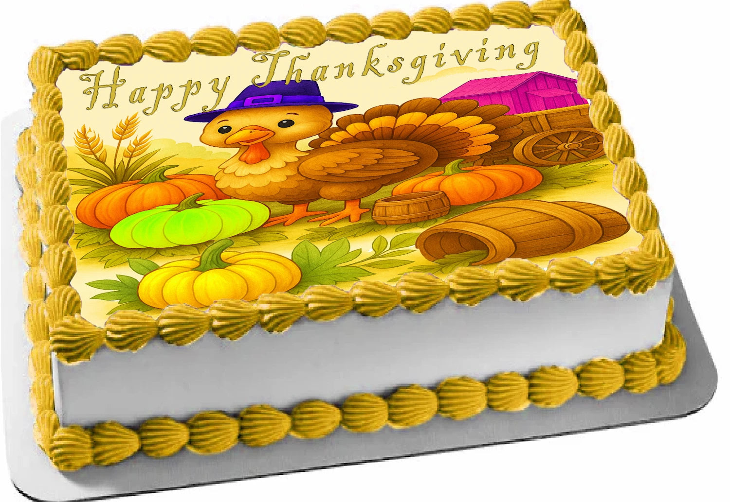 Thanksgiving Turkey wearing a pilgram hat in a colorful pumpkin patch with 'Happy Thanksiving' text edible image sheet cake topper.