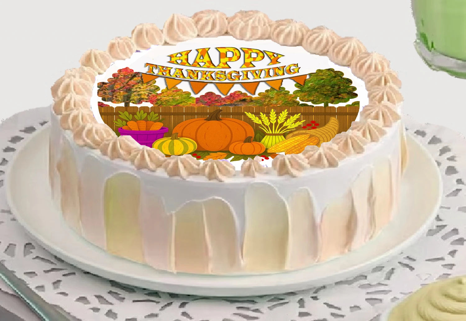 Thanksgiving themed pumpkins fall trees basket of carrots on an edible image cake topper