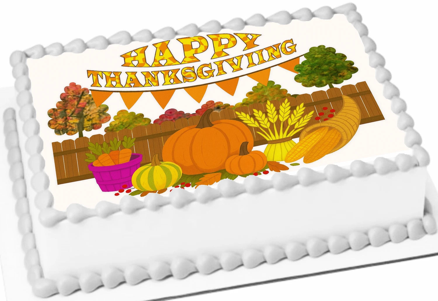 Thanksgiving themed edible image sheet cake topper with 'Happy Thanksgiving' text and fall trees baskets of carrots, pumpkins and corn