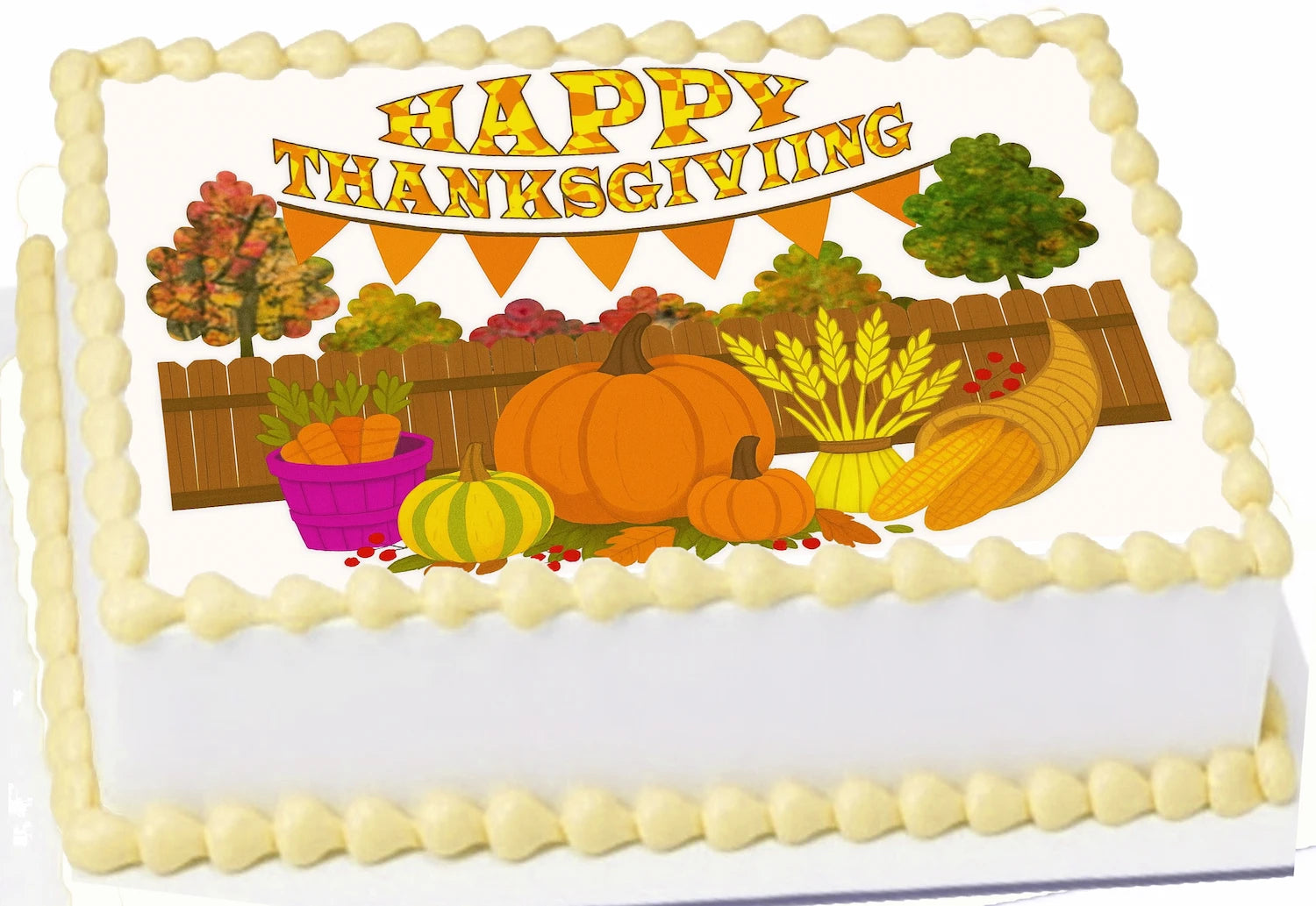 Thanksgiving themed fall trees with pumpkins, basket of carrots on an edible image sheet cake topper