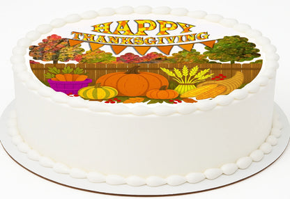 Thanksgiving fall pumpkins, fall trees, basket of carrots on an edible image sheet cake topper 'Happy Thanksgiving Banner' text