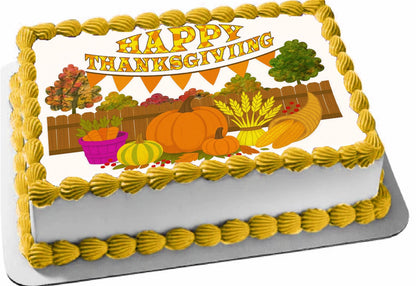 Thanksgiving themed Pumpkins fall trees basket of carrots on an edible image sheet.