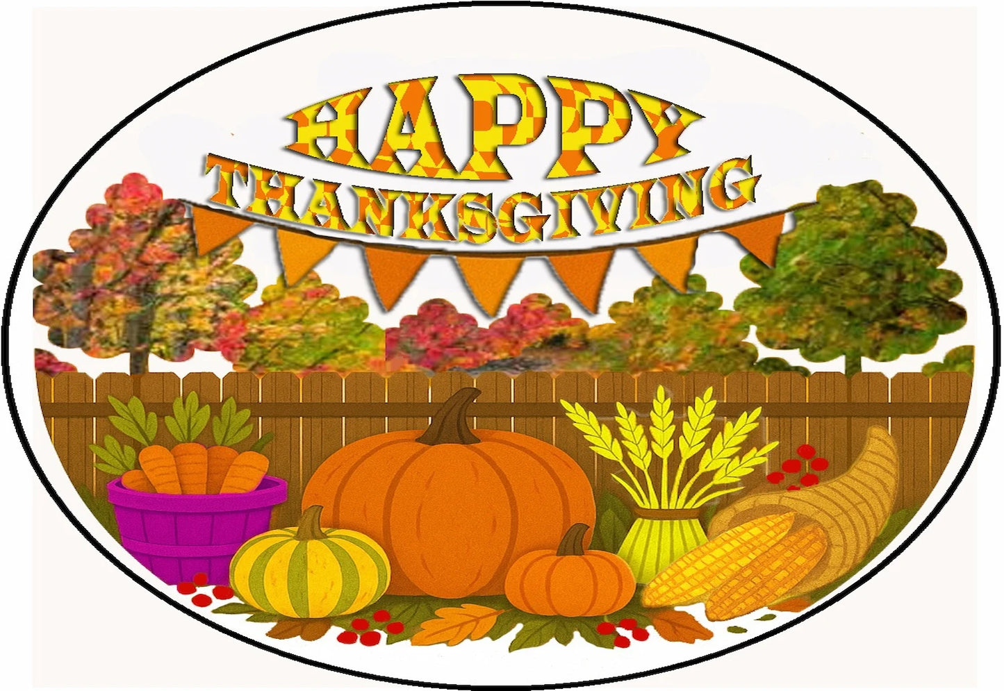 Thanksgiving precut edible image topper for sheet cake topper showing pumpkins, carrots in a barrel, corn and text saying "happy thanksgiving'.