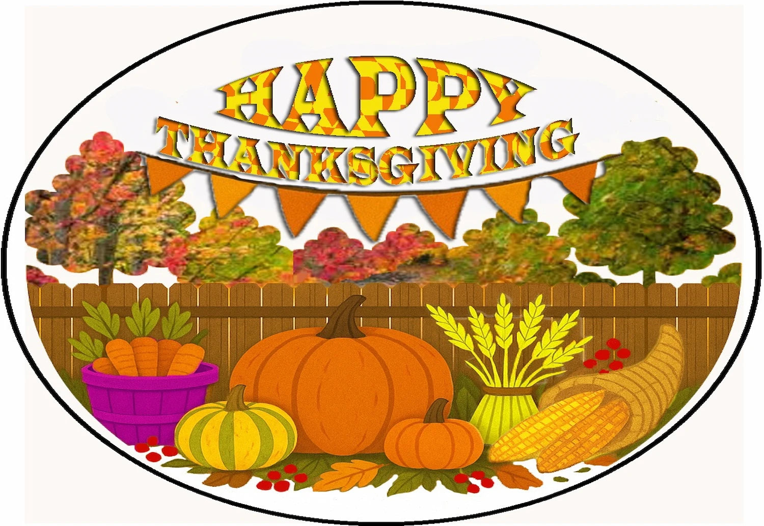 Thanksgiving precut edible image topper for sheet cake topper showing pumpkins, carrots in a barrel, corn and text saying "happy thanksgiving'.