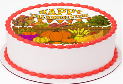 Custom Edible Cake Topper – Thanksgiving Pumpkin Patch Party Design – Pre-cut 8" Round Icing Sheet – RA Pape