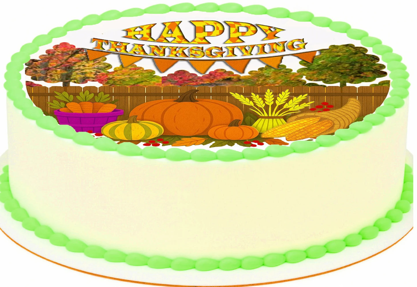 Thanksgiving themed Pumpkins fall trees basket of carrots on an edible image 'Happy Thanksgiving Banner' text