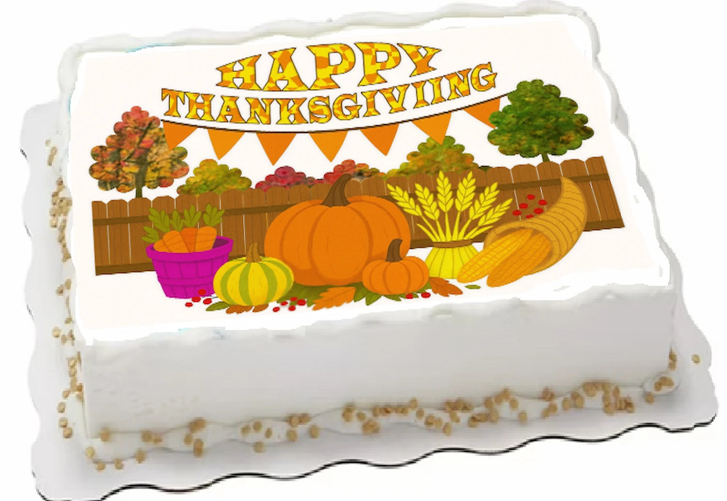 Thanksgiving themed Pumpkins fall trees basket of carrots on an edible image sheet cake topper 'Happy Thanksgiving Banner' text