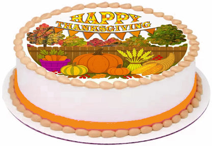 Thanksgiving pumpkins fall trees, basket of carrots on an edible image cake topper 'Happy Thanksgiving' text