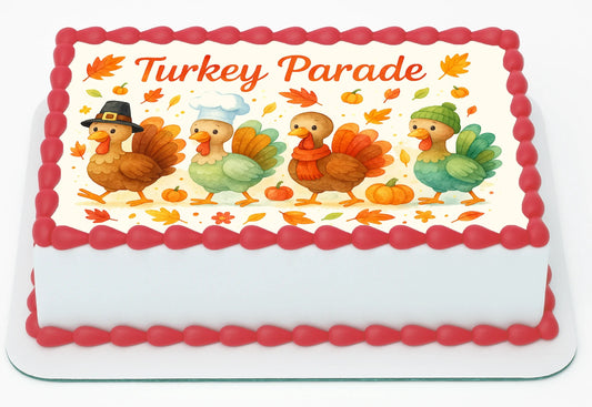 Custom Edible Cake Topper – Thanksgiving Turkey Parade  Design – 1/4 Sheet Cake (9x13) – Precut Icing Sheet – RA Pape