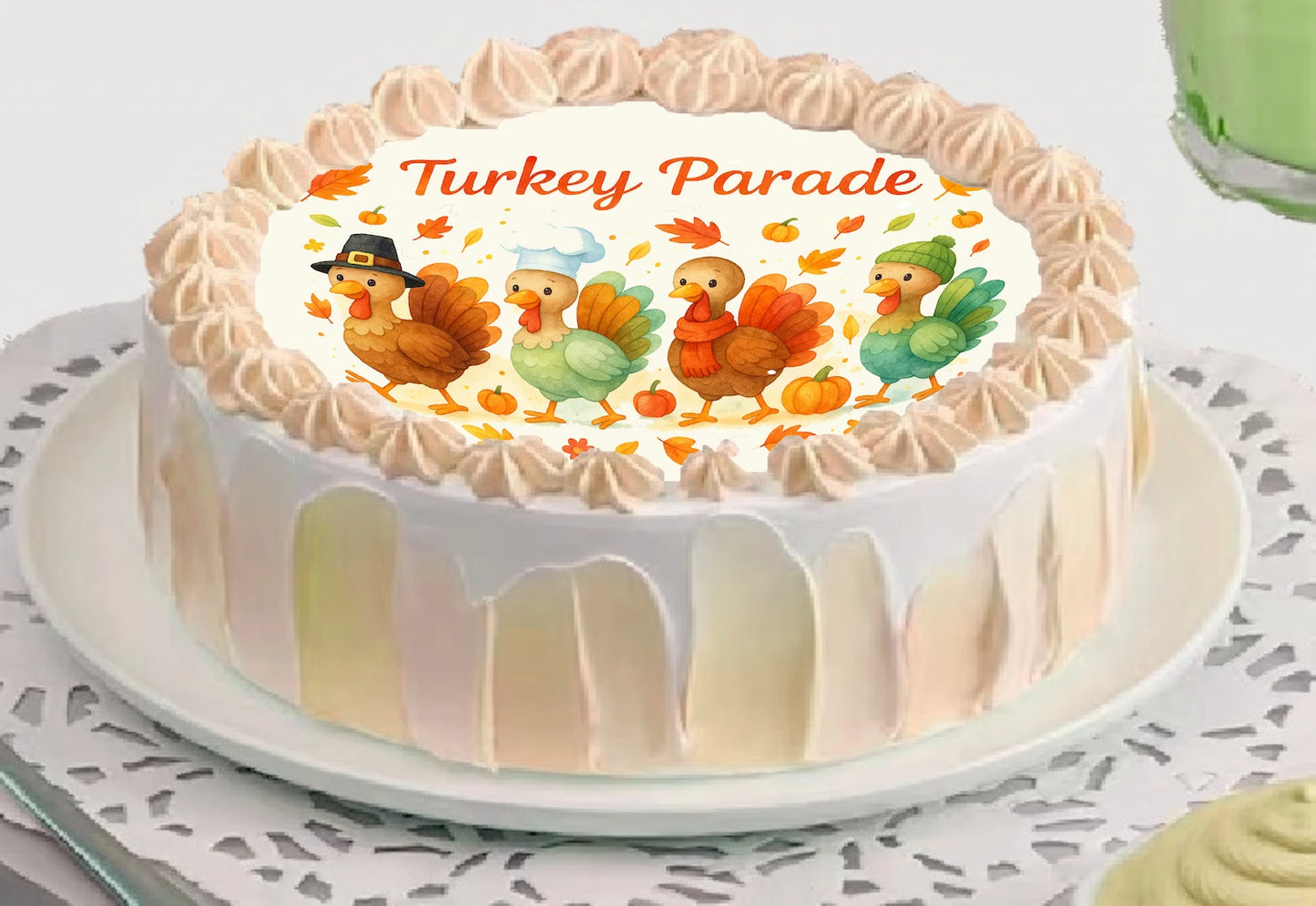 Thanksgiving Turkeys on an  Edible Image Cake Topper Precut Easy To Use