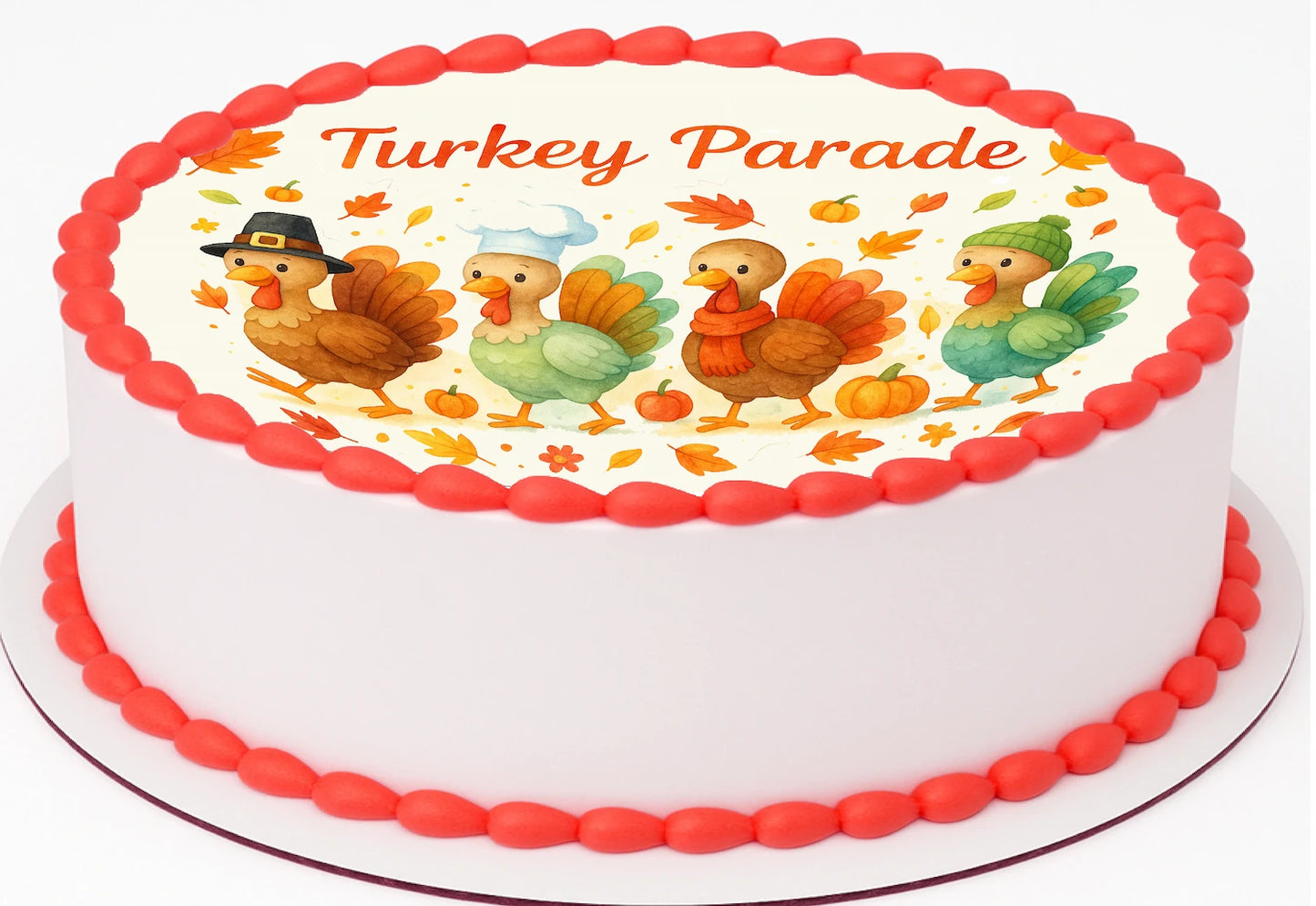 Custom Edible Cake Topper – Thanksgiving Turkey Parade Design – Pre-cut 8" Round Icing Sheet – RA Pape