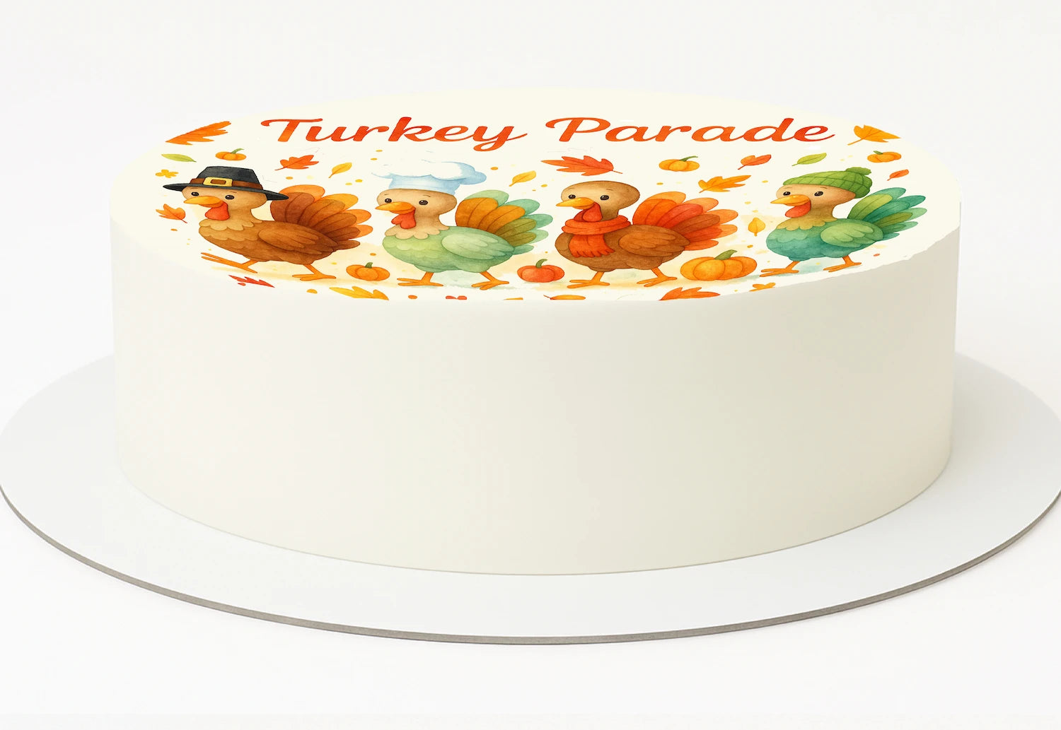 Thanksgiving cartoon Turkeys lined up on an  Edible Image Cake Topper - Precut Easy To Use