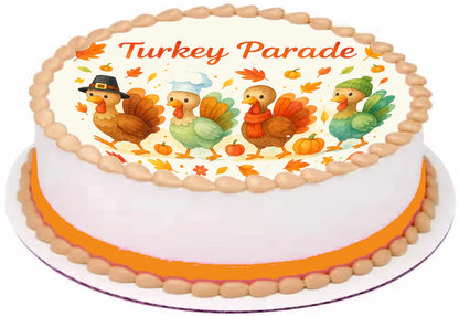 Thanksgiving Turkeys on an  Edible Image Cake Topper - Precut Easy To Use