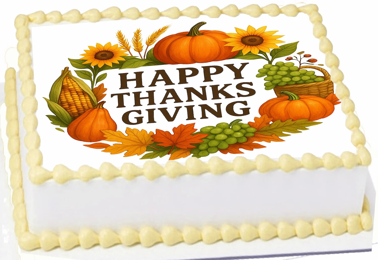 Thanksgiving-themed edible imagecake topper with pumpkins, sunflowers, and corn.