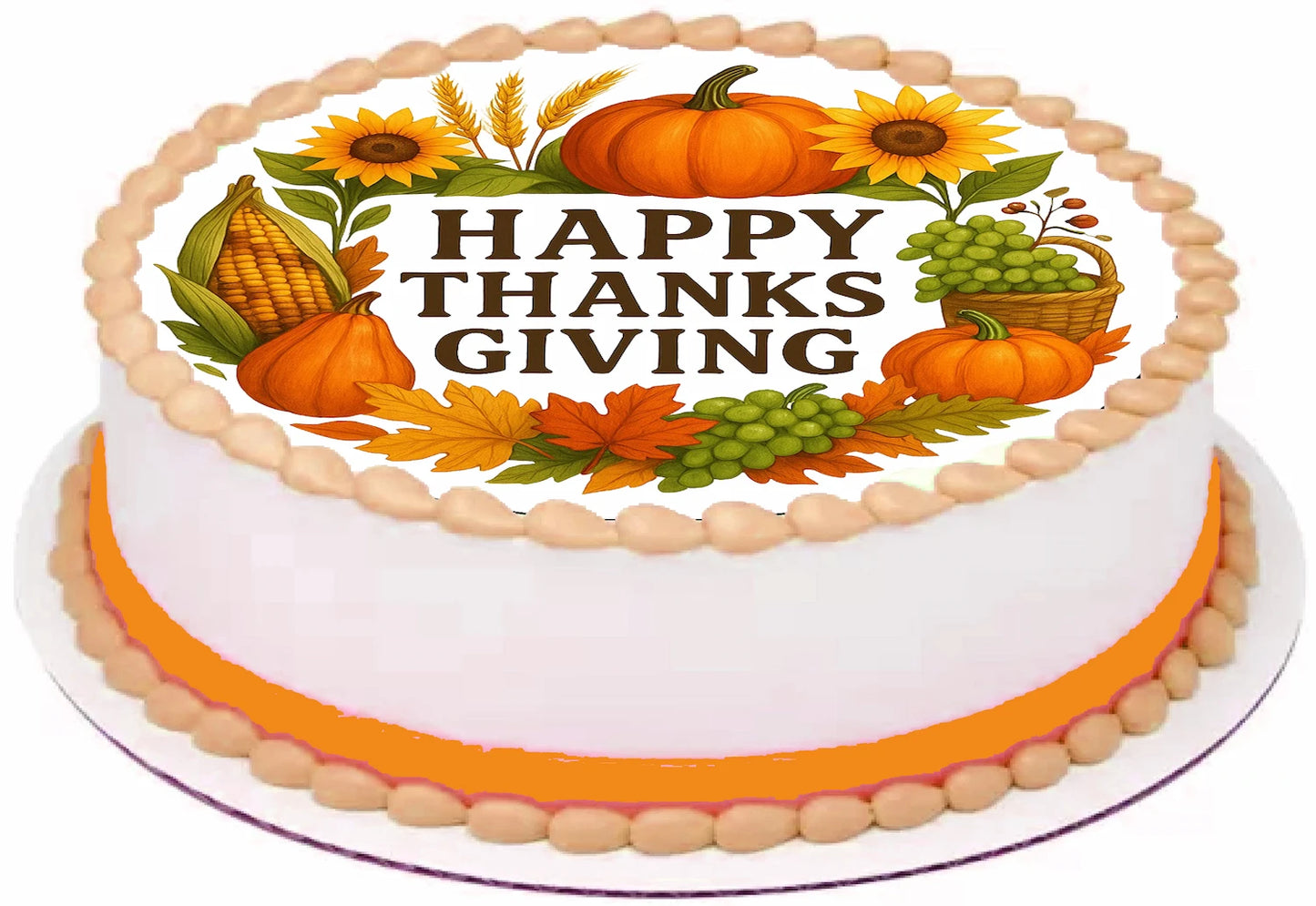Thanksgiving cake with edible image cake topper with pumpkins, sunflowers, and corn.