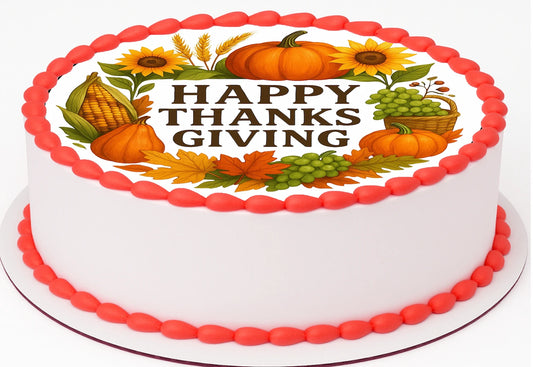 Custom Edible Cake Topper – Thanksgiving Wreath of Thanks Design – Pre-cut 8" Round Icing Sheet – RA Pape