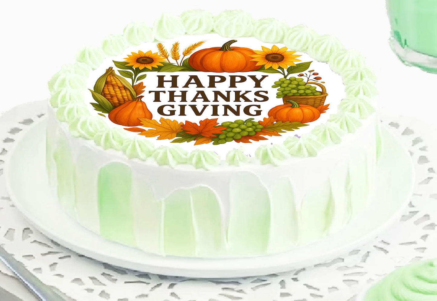 Thanksgiving-themed wreath cake with edible image cake topper with pumpkins, sunflowers, and corn.