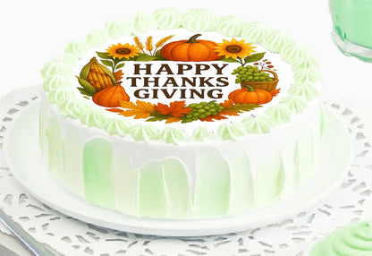 Thanksgiving-themed wreath cake with edible image cake topper with pumpkins, sunflowers, and corn.