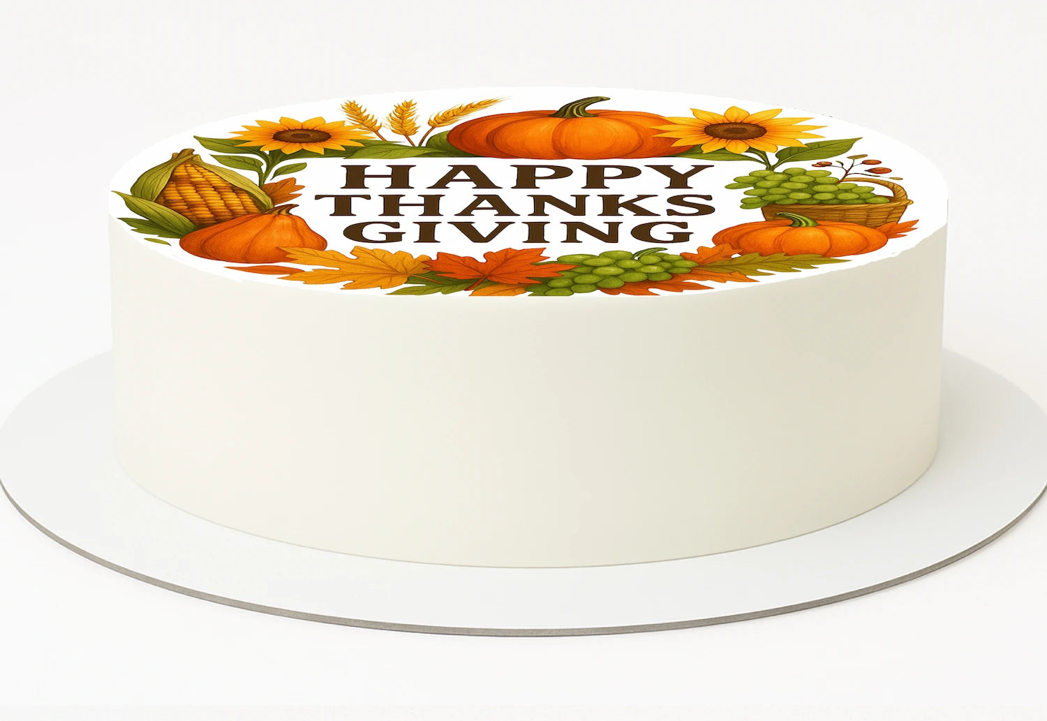Thanksgiving-themed cake with edible image cake topper with pumpkins, sunflowers, and corn.