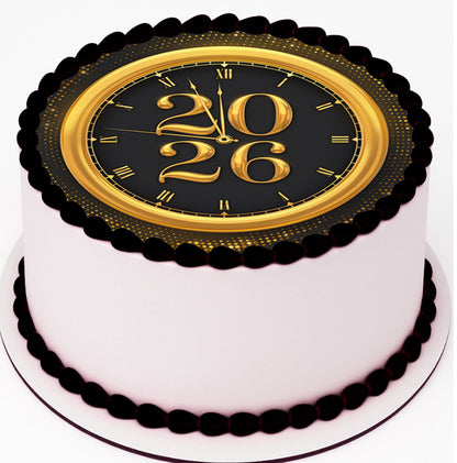 Custom Edible Cake Topper – Timeless Gold New Year Design – Pre-cut 8" Round Icing Sheet – RA Pape