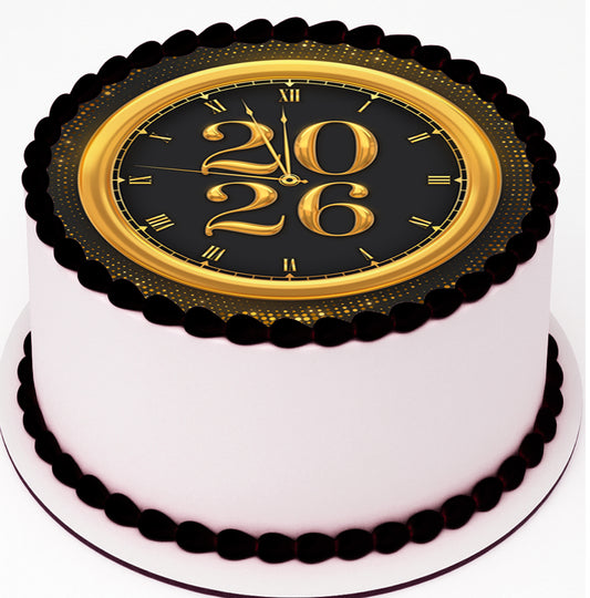 Custom Edible Cake Topper – Timeless Gold New Year Design – Pre-cut 8" Round Icing Sheet – RA Pape