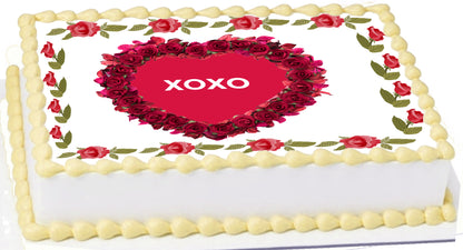Custom Edible Cake Topper – Valentine Timeless Rose Heart Design – 1/4 Sheet Cake (9x13) – Precut Icing Sheet – RA Pape