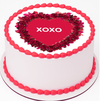 roses forming a heart and 'XOXO' text on a white background
