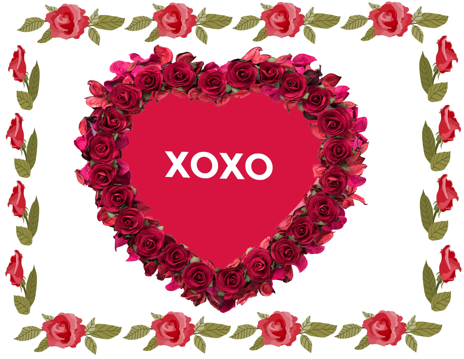 Heart-shaped frame of red roses with 'XOXO' text on a white background