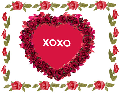 Heart-shaped frame of red roses with 'XOXO' text on a white background