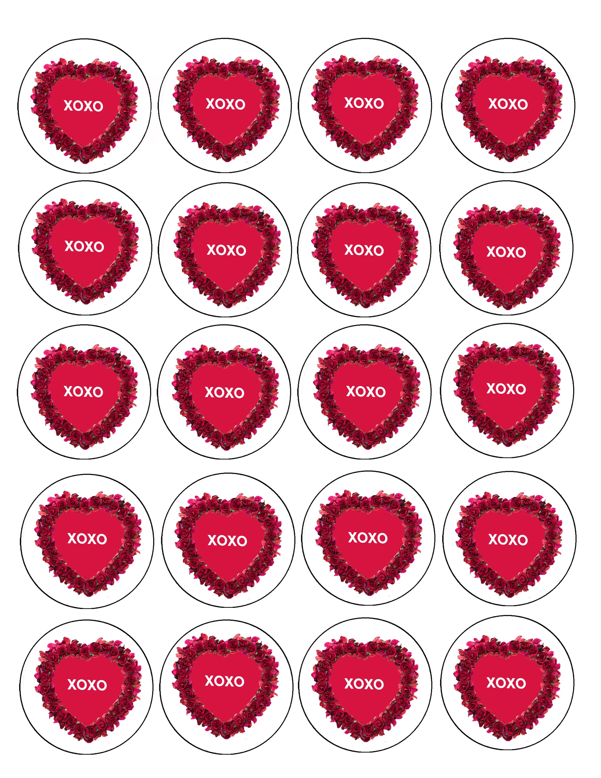 Red heart-shaped Edible Image Cookie/Cupcake toppers with 'XOXO' text on a white background
