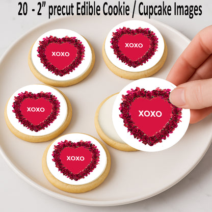 Timeless Rose Hearts Edible Image Cookie & Cupcake Toppers – Edible cookie/cupcake images with red heart designs and 'XOXO' text on a white plate.