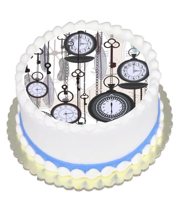 Custom Edible Cake Topper – Timeless Vintage Pocket Watch Design – Pre-cut 8" Round Icing Sheet – RA Pape