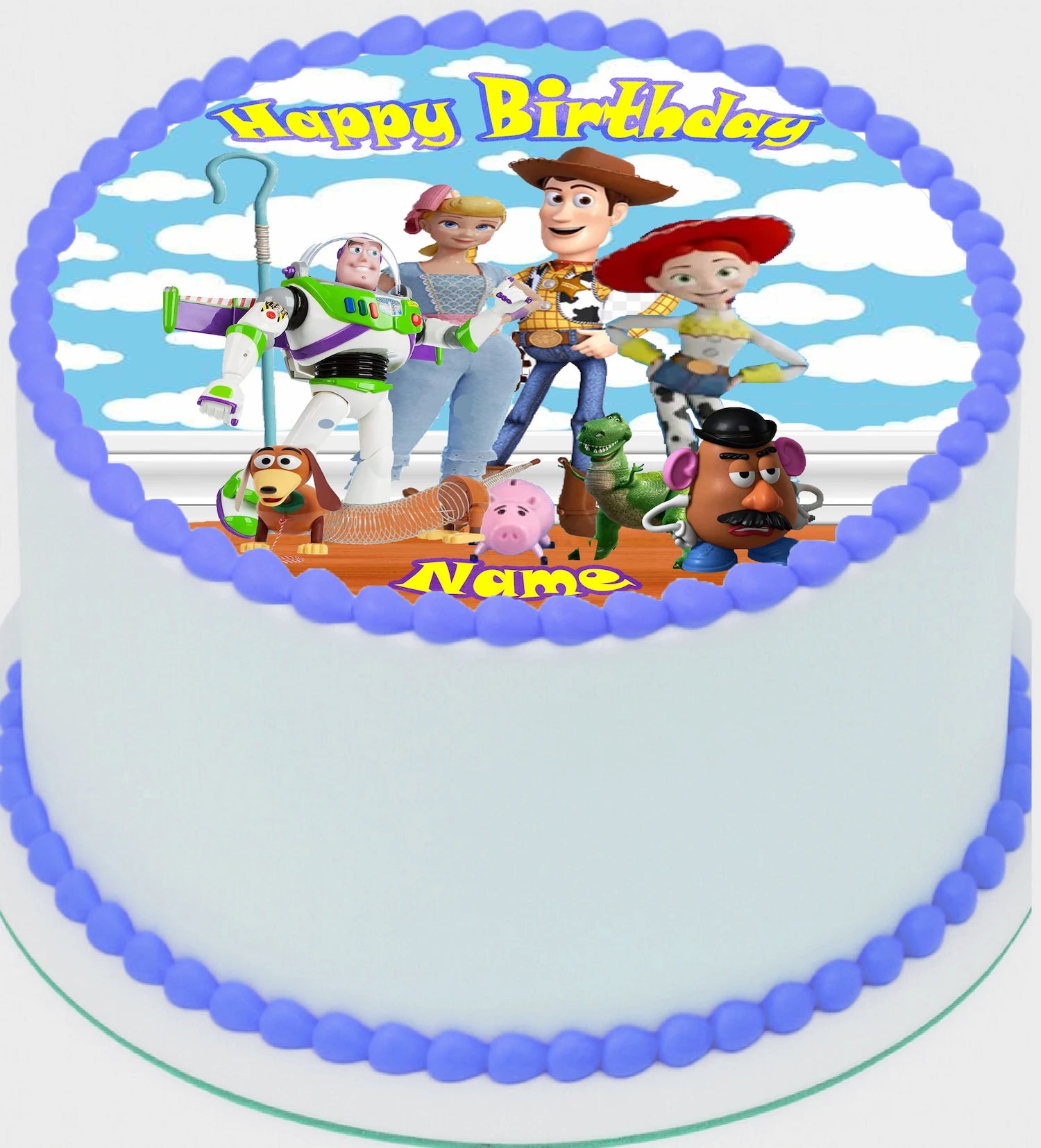 Toy Story-themed birthday cake topper 'Happy Birthday' text.